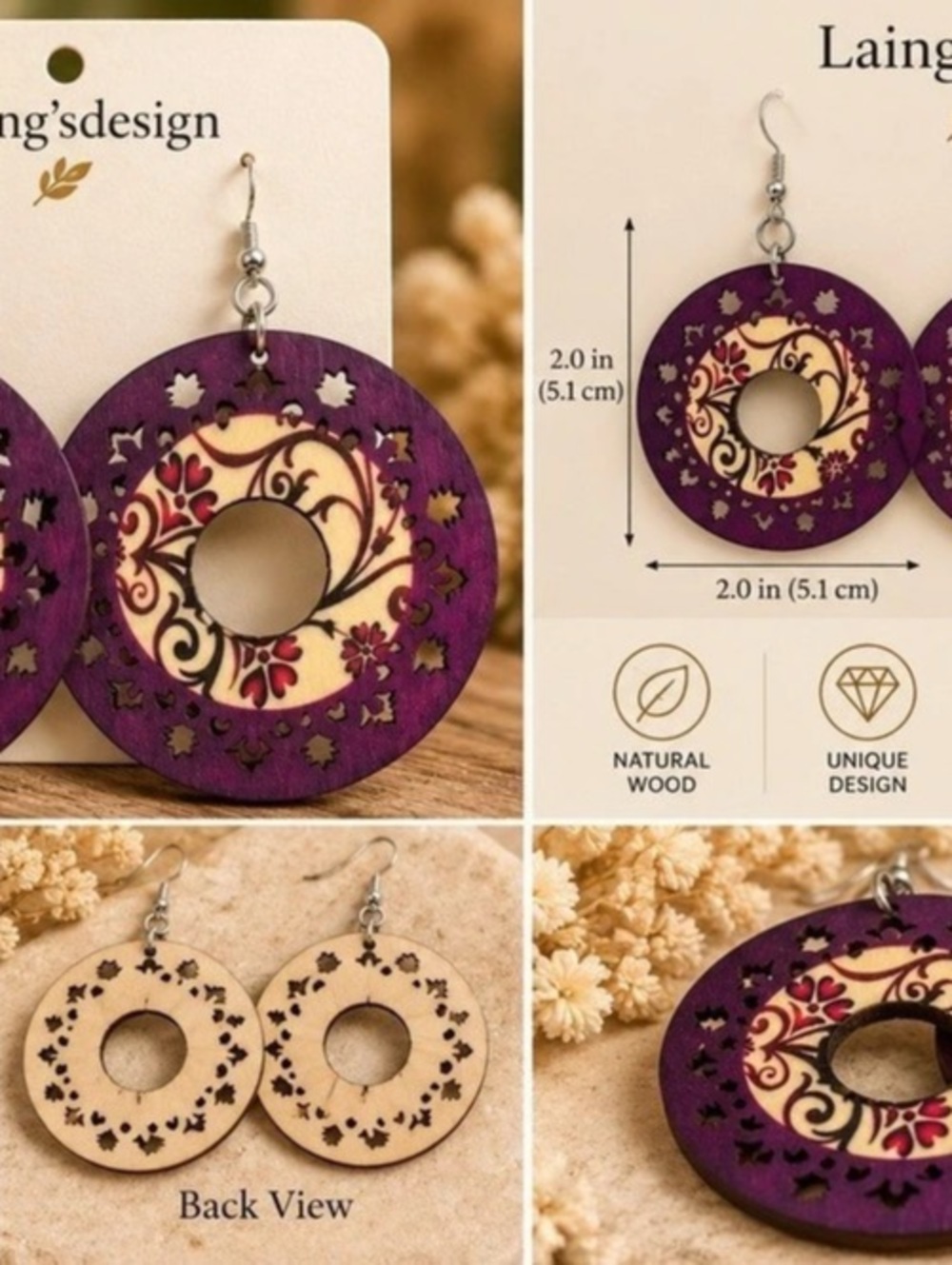 Laing'sdesign Floral Wood Earrings in Purple NWT